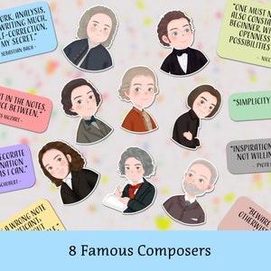 8 adesivi per compositori di musica classica, parole che ispirano musica, citazioni musicali, scrivibili/impermeabili, per custodia di violino, custodia di violoncello, laptop, diario