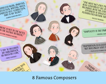 8 classic music composer stickers, music inspiring words, music quotes, writable/waterproof, for violin case, cello case, laptop, journal