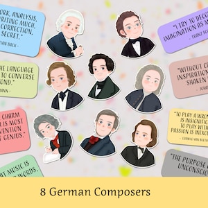 8 German music composer stickers, music inspiring words, music quotes, writable/waterproof, for violin case, cello case, laptop, journal