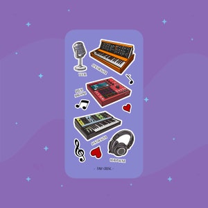 電子音楽ステッカーシート、シンセサイザー、ドラムマシン、ヘッドフォン、マイク、MIDI コントローラー、電子音楽家へのギフト、バンドのリハーサル
