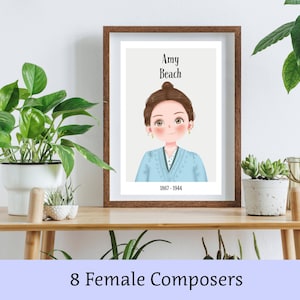 Cartel de compositora femenina, 8 opciones, decoración de la pared del aula de música, decoración de la habitación de los niños, cartel de aprendizaje musical, enseñanza de música clásica