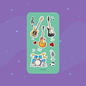 Rock band sticker sheet, drum set, guitar, bass, microphone, rock music sticker, rock band player, music gift, punk band, band rehearsal