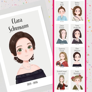 8 jolies cartes postales de compositrice, Clara Schumann, Amy Beach, Fanny Mendelssohn, Cécile Chaminade, Barbara Strozzi... , Design minimaliste