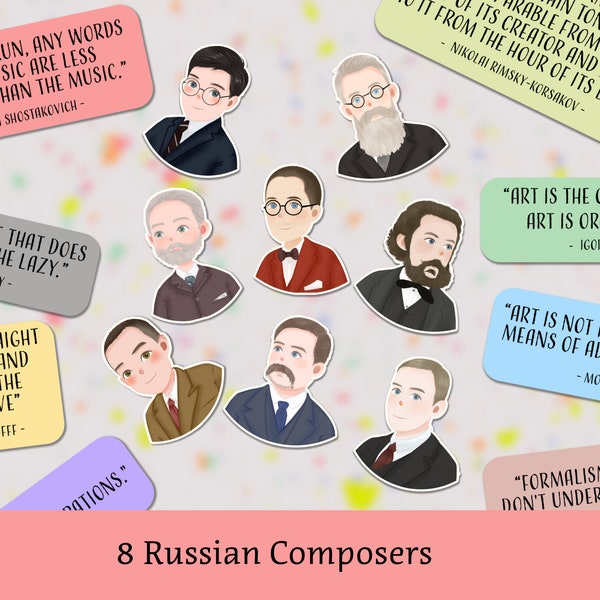 8 Russian music composer stickers, music inspiring words, music quotes, writable/waterproof, for violin case, cello case, laptop, journal