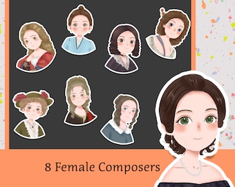Cute female composer waterproof sticker, 8 options, for violin case, cello case, laptop, journal, phone case, Clara Schumann, Amy Beach