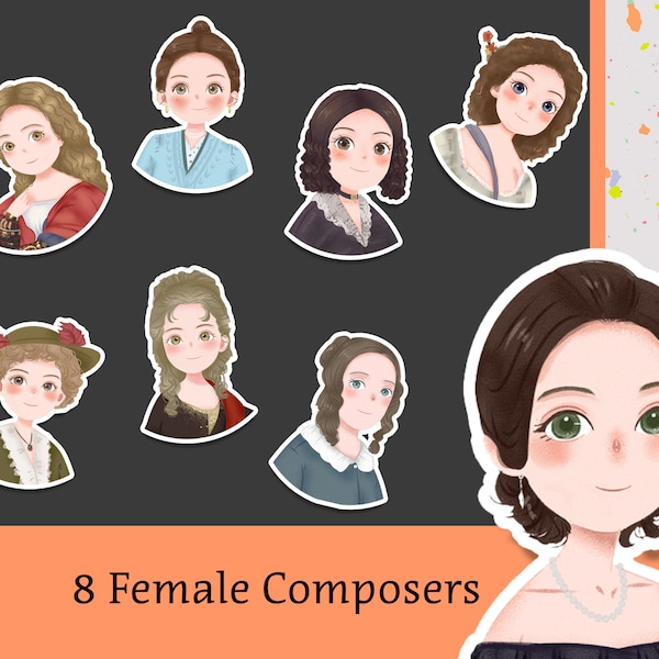 Cute female composer waterproof sticker, 8 options, for violin case, cello case, laptop, journal, phone case, Clara Schumann, Amy Beach