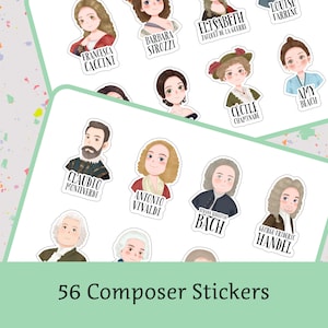 56 lindas pegatinas impermeables de compositores, para estuche de violín, estuche de violonchelo, computadora portátil, diario, funda de teléfono, Mozart, Beethoven, Chopin