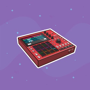 May include: A red music production sampler with a screen displaying a waveform and a grid of 16 pads. The sampler has a large knob and several buttons.