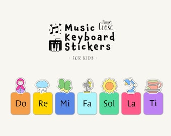 Colourful piano keyboard labels for kids, singing names with cute icons, music solfege stickers, waterproof, removable, colour coded, 35 pc