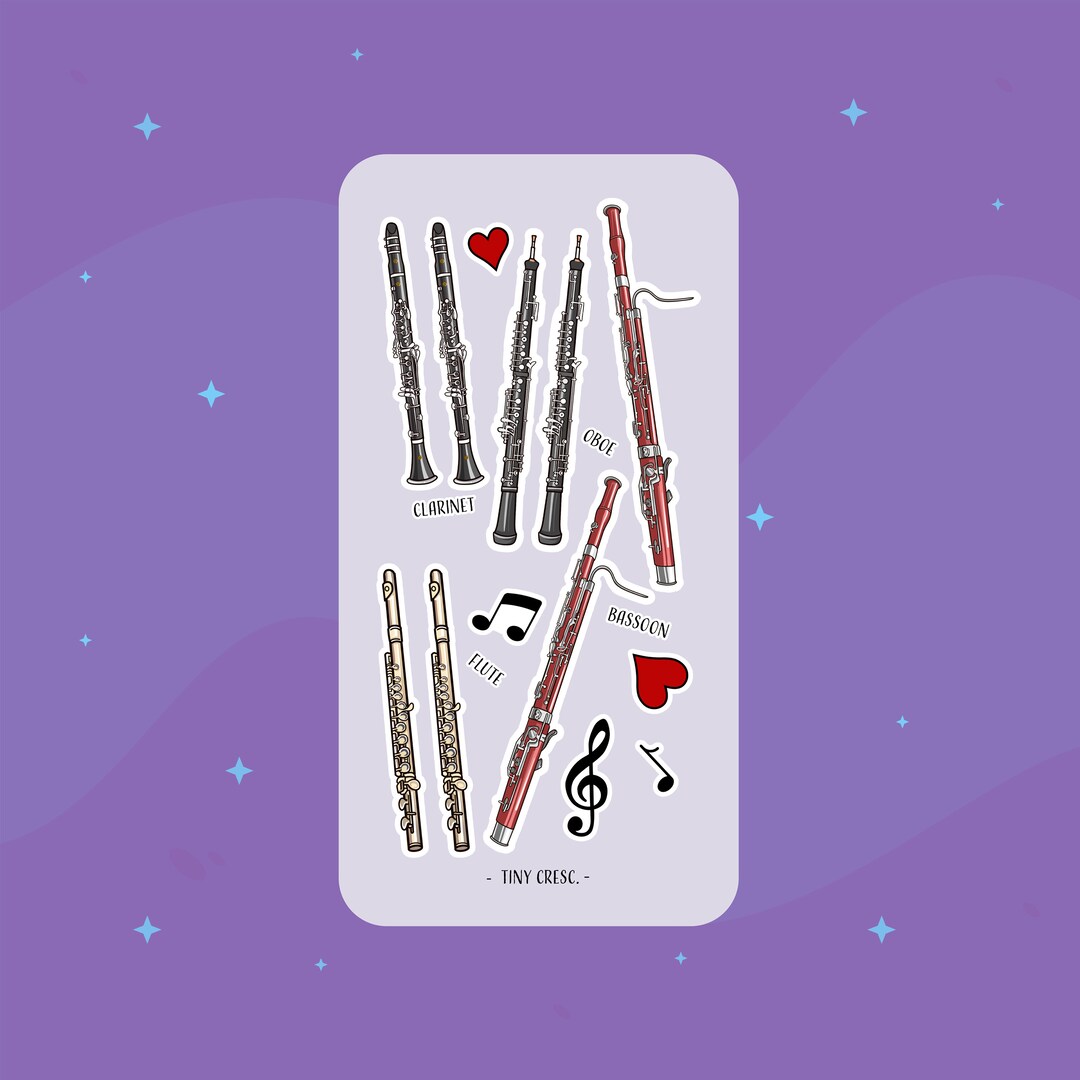 Wind Musical Instrument Sticker Woodwind Instrument Sticker Sheet, Flute, Clarinet, Oboe, Bassoon ...