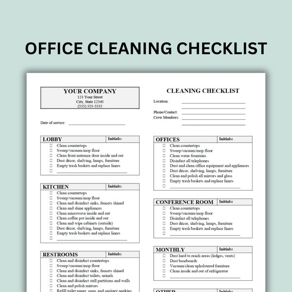 Office Cleaning Checklist | Customizable Word Document and PDF Forms