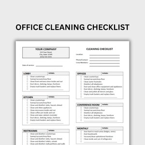May include: A black and white printable checklist for office cleaning. The checklist includes sections for lobby, offices, kitchen, conference room, restrooms, and monthly cleaning tasks. Each section has a list of cleaning tasks with checkboxes and a space for initials.