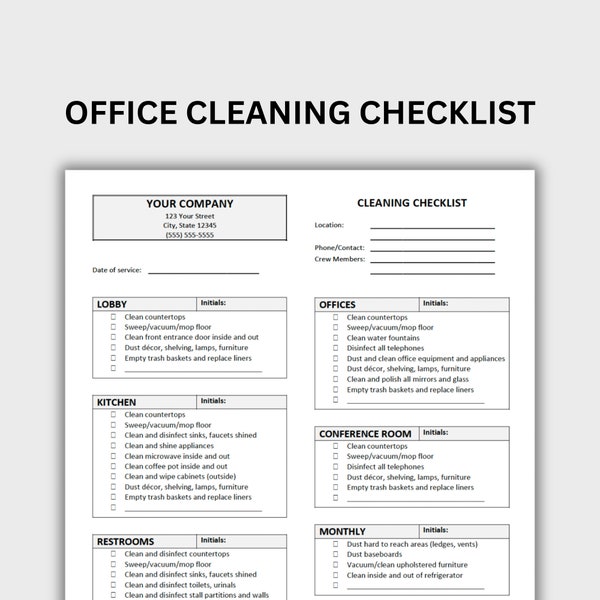 Office Cleaning Checklist | Comprehensive Guide for a Clean Workspace | Customizable Word and PDF Forms | Office Cleaning Template Download