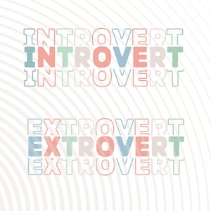 Może przedstawiać: Grafika z napisami "Introvert" i "Extrovert" napisanymi w nakładających się warstwach. Każde słowo jest napisane innym kolorem, a litery są obwiedzione innym kolorem. Tło to biały i szary wzór koncentrycznych kół.