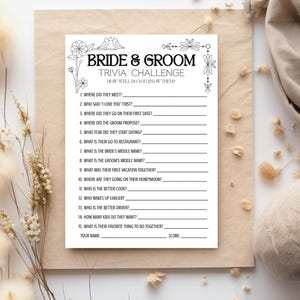 Juegos de boda, juegos para fiesta de compromiso, plantilla imprimible de Canva, juego de trivia para bodas, juego de preguntas para despedidas de soltera, juegos imprimibles para invitados a la boda