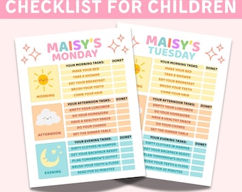 May include: Printable 8.5 x 11 inch daily task checklist template for children. The template features a pink header with the text "EDITABLE DAILY TASKS CHECKLIST FOR CHILDREN". Two checklists are visible, one for Monday and one for Tuesday, with tasks for morning, afternoon, and evening.