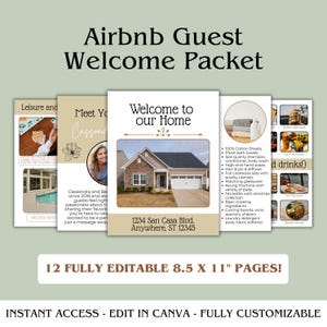 May include: An Airbnb guest welcome packet with the text "Welcome to our Home" and a house image. The packet includes 12 fully editable 8.5 x 11 inch pages. The packet includes a list of amenities.