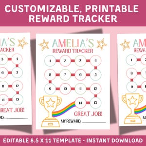 May include: Printable reward tracker template with a pink background. The design includes a star, a rainbow, and a trophy. The text reads "Amelia's Reward Tracker", "Great Job!", and "My Reward:" with numbered circles.