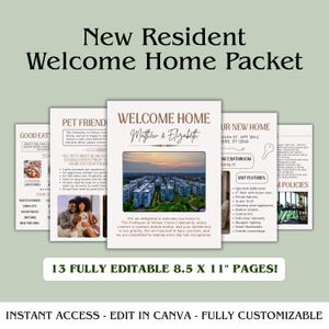 May include: A welcome home packet with the text "New Resident Welcome Home Packet" in a serif font. The packet includes several pages with information, including "Welcome Home" and "Pet Friendly" sections. The packet is 8.5 x 11 inches.