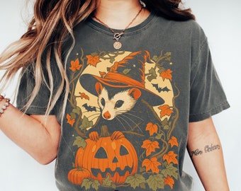 Opossum Halloween Comfort Colors T-Shirt, Cute Spooky Season Goblincore Shirt, Cottagecore Boho Graphic Tee, Animal Lover Gift For Fall