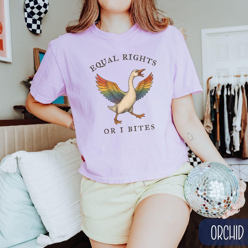 Peut inclure: T-shirt de couleur orchid&eacute;e avec l'inscription "EQUAL RIGHTS OR I BITES" au-dessus et en dessous d'un dessin d'oie aux ailes arc-en-ciel. L'oie est en mouvement, le bec ouvert. Le t-shirt est de couleur violet clair.