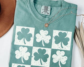 Checkered Shamrock Comfort Colors Shirt, Trendy Checkerboard St Patrick's Day T-Shirt, Retro Aesthetic Women's St Paddy's Graphic Tee