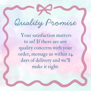 Puede incluir: Gr&aacute;fico de estilo acuarela rosa y azul con el texto "Quality Promise". El texto dice: "&iexcl;Tu satisfacci&oacute;n es importante para nosotros! Si tienes alg&uacute;n problema de calidad con tu pedido, cont&aacute;ctanos dentro de los 14 d&iacute;as posteriores a la entrega."