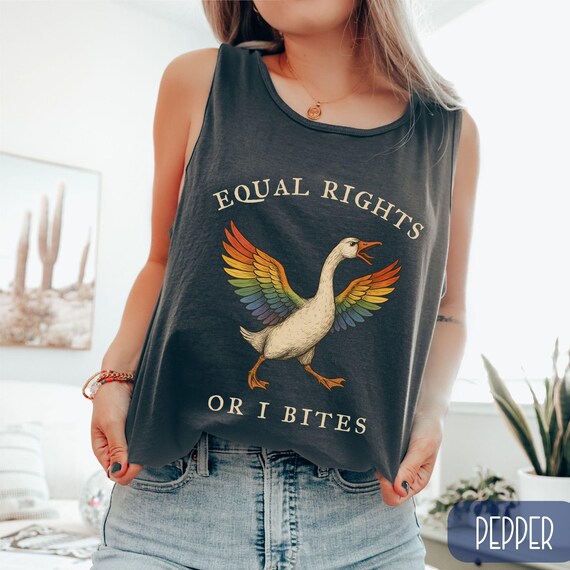 Equal Rights Or I Bites Rainbow Goose Tank Top, Leftist Political Pride Comfort Colors Muscle Tank, Gift for LGBTQ Ally, Funny Protest Shirt