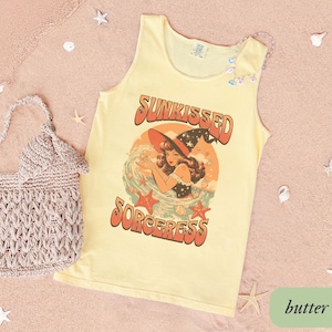 Sunkissed Sorceress Comfort Colors Tank Top, Summerween Shirt, Spooky Sea Witch Summer Halloween Vacation Butter