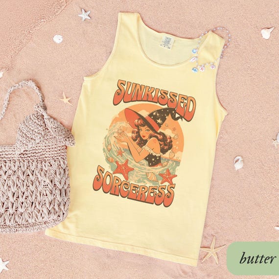 Sunkissed Sorceress Comfort Colors Tank Top, Summerween Shirt, Spooky Sea Witch Summer Halloween Vacation