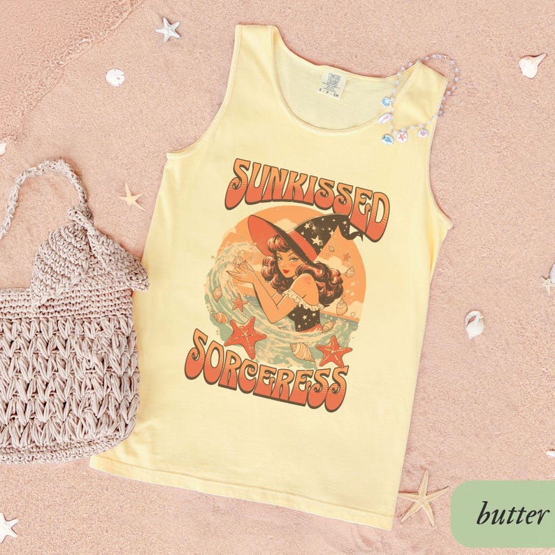Sunkissed Sorceress Comfort Colors Tank Top, Summerween Shirt, Spooky Sea Witch Summer Halloween Vacation Butter