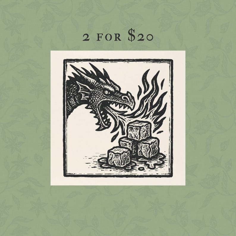May include: Black and white illustration of a dragon breathing fire onto ice cubes. The dragon's head is detailed with scales and sharp teeth. The image is framed in a black border and includes the text "2 FOR $20".