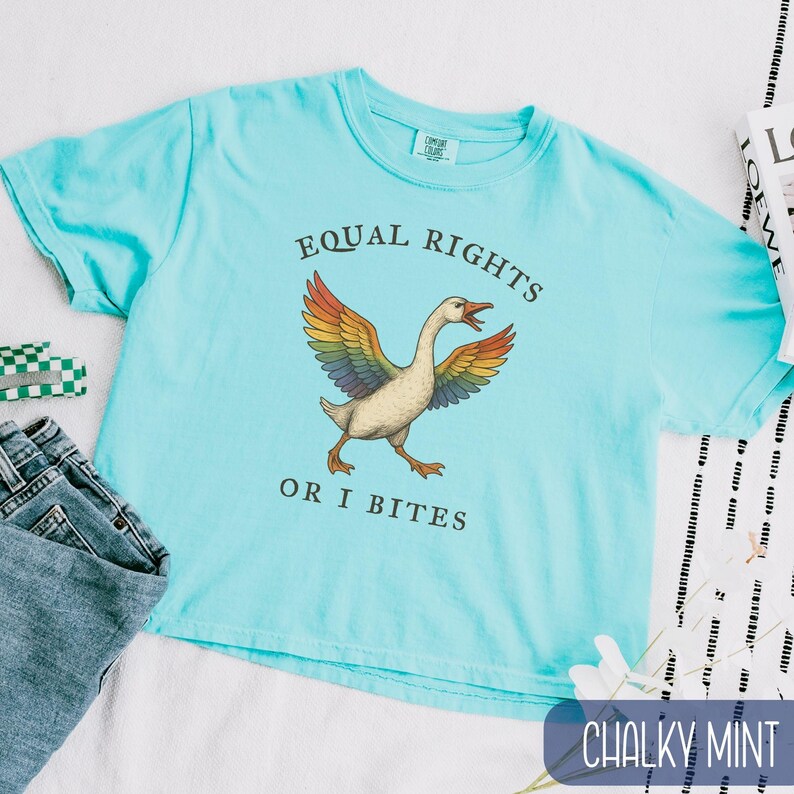 Peut inclure: Un t-shirt bleu clair avec le texte "EQUAL RIGHTS OR I BITES" et une oie aux ailes arc-en-ciel. Le t-shirt est &agrave; col rond et &agrave; manches courtes. Le coin inf&eacute;rieur droit de l'image porte la mention "CHALKY MINT".