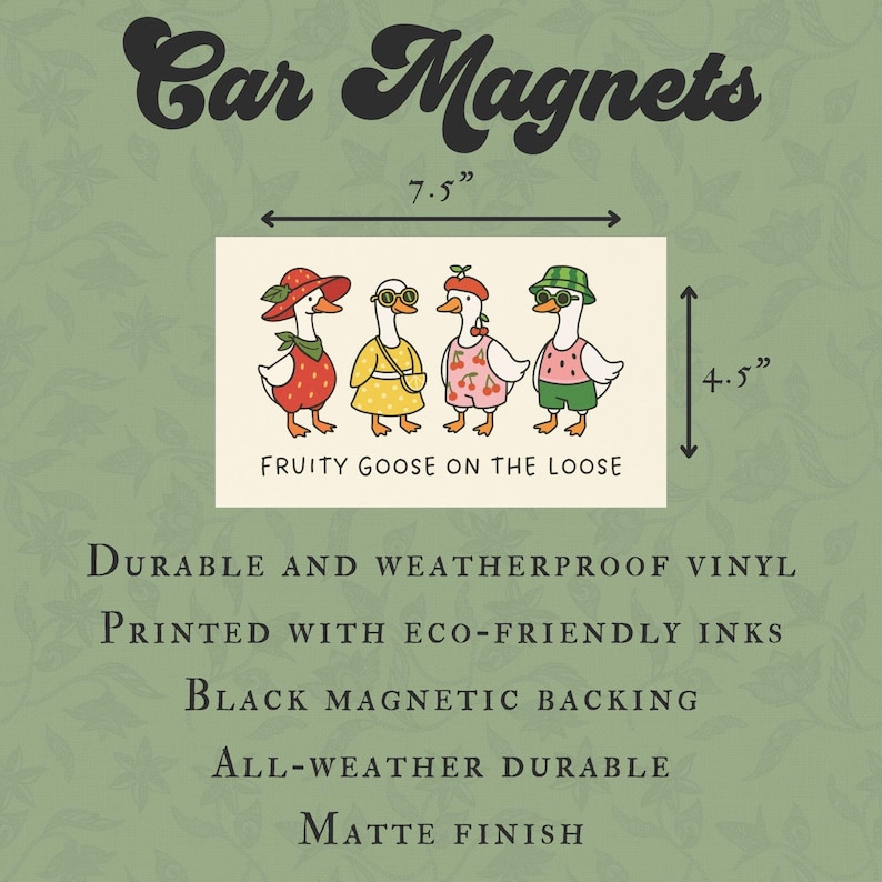 May include: A rectangular car magnet featuring four cartoon geese dressed as fruits. The magnet is 7.5 inches wide and 4.5 inches tall. Text reads "Car Magnets" and "FRUITY GOOSE ON THE LOOSE". The magnet has a matte finish.