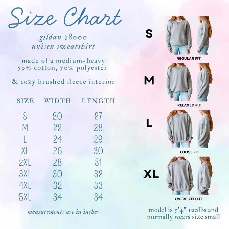 May include: Size chart for a unisex sweatshirt, featuring measurements in inches. The chart includes sizes S to 5XL, with width and length dimensions provided for each size. The sweatshirt is made of a medium-heavy blend of cotton and polyester.