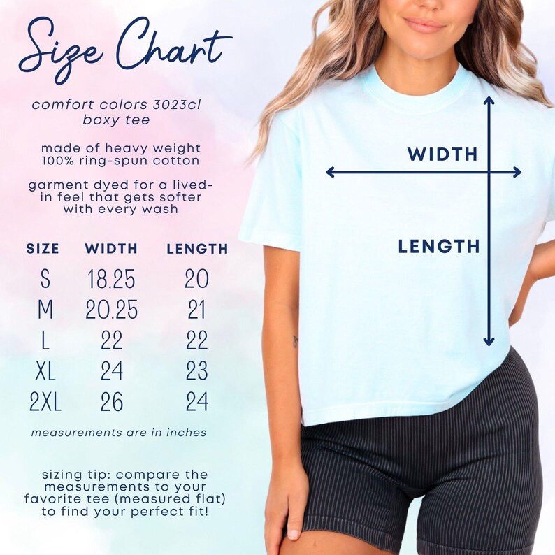 Peut inclure: Un tableau des tailles pour un t-shirt boxy Comfort Colors 3023cl, avec des mesures en pouces. Le tableau comprend les tailles S &agrave; 2XL, avec les dimensions de la largeur et de la longueur. Le t-shirt est en coton 100% ring-spun de poids lourd et teint en v&ecirc;tement.