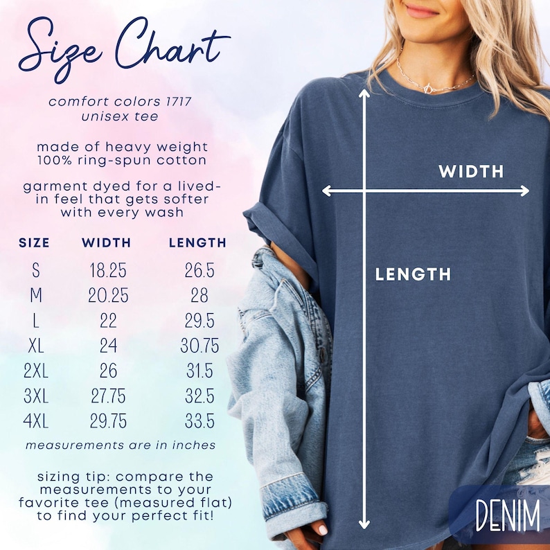 K&ouml;nnte beinhalten: Gr&ouml;&szlig;entabelle f&uuml;r ein Unisex-T-Shirt aus schwerem 100% Ringspinn-Baumwolle. Die Tabelle zeigt die Breite und L&auml;nge in Zoll f&uuml;r die Gr&ouml;&szlig;en S bis 4XL.
