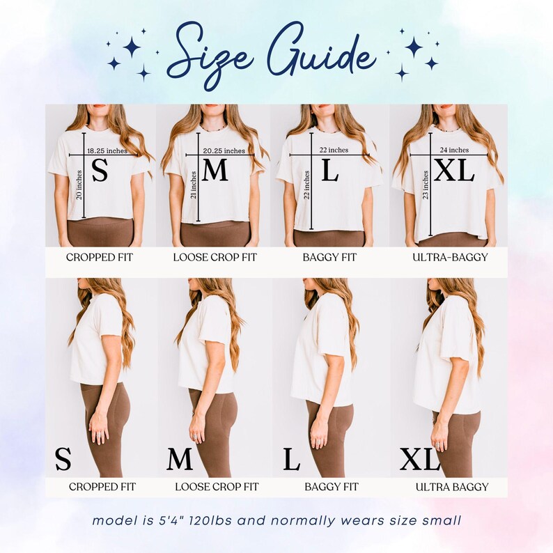 Peut inclure: Graphique de guide des tailles montrant quatre coupes de t-shirts diff&eacute;rentes : courte, ample, ample et ultra-ample. Chaque coupe est montr&eacute;e sur un mod&egrave;le avec des mesures en centim&egrave;tres. Le texte "Size Guide" est en haut.