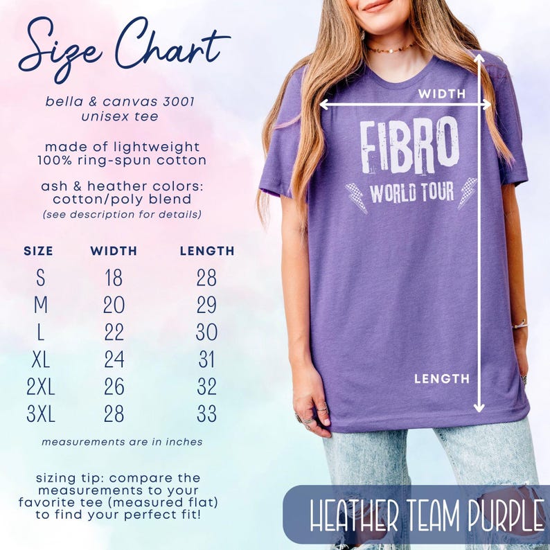 May include: Size chart for a unisex t-shirt in heather team purple. The shirt features the text "FIBRO WORLD TOUR" in white. The chart shows sizes S-3XL with corresponding width and length measurements in inches.