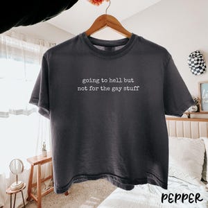 May include: A charcoal gray short-sleeve t-shirt featuring the white text "going to hell but not for the gay stuff" printed in a simple, lowercase font across the center of the chest. The garment has a crew neckline and a relaxed fit.