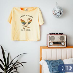 Peut inclure: Un t-shirt jaune clair avec le texte "EQUAL RIGHTS OR I BITES" et un dessin d'une oie aux ailes arc-en-ciel. Le t-shirt est accroch&eacute; &agrave; un mur blanc. Une boule &agrave; facettes et une radio vintage sont &eacute;galement visibles.