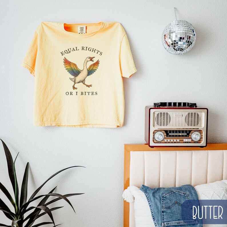 Peut inclure: Un t-shirt jaune clair avec le texte "EQUAL RIGHTS OR I BITES" et un dessin d'une oie aux ailes arc-en-ciel. Le t-shirt est accroch&eacute; &agrave; un mur blanc. Une boule &agrave; facettes et une radio vintage sont &eacute;galement visibles.