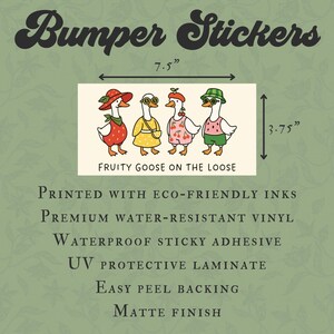 May include: Rectangular bumper sticker with the text "Bumper Stickers" and a cartoon of four geese dressed in fruit-themed outfits. The sticker is 7.5 inches wide and 3.75 inches tall. The text "FRUITY GOOSE ON THE LOOSE" is also included.
