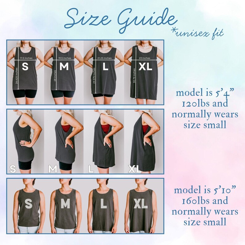 Puede incluir: Un gr&aacute;fico de gu&iacute;a de tallas muestra camisetas sin mangas en tallas S, M, L y XL, con medidas en pulgadas. El texto "Size Guide" y "*unisex fit" est&aacute;n en la parte superior. Se muestran dos modelos con su altura, peso y talla habitual. Las camisetas sin mangas son de color gris oscuro.