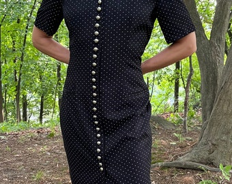 Elegant 90's Vintage Black Dotted Dress with Silver Buttons