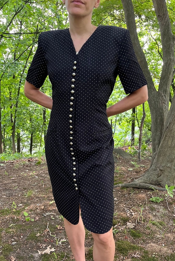 black dress with silver buttons Elegant 90's Vintage Black Dotted Dress with Silver Buttons