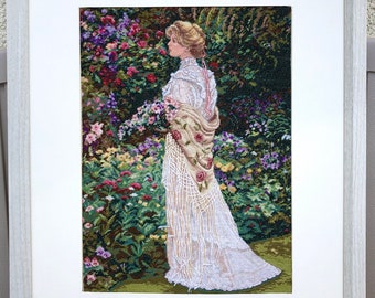 In Her Garden, by Dimensions Gold Collection , completed 18 ct cross stitch artwork, 11x16 in (28x41 cm), frame size 16x20 in (40.6x50.8cm)