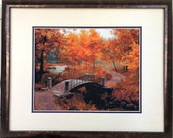 Completed handmade counted cross stitch artwork, Autumn in an Old Park painted by Evgeny Lushpin,  18 ct, 11x14 in, frame 16x20 in
