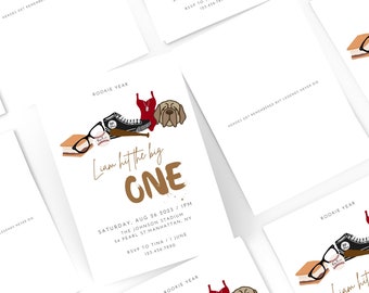 May include: A baseball-themed first birthday party invitation with a brown and gold graphic that says "Liam hit the big one". The invitation features a baseball bat, a baseball, a pair of glasses, a s'more, a red swimsuit, and a brown dog.