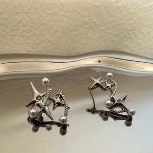 Y2K Asymmetric Star Earrings, 925S Earrings, Grunge Stud Earrings, Kpop Jewelry, Cyber Goth little pearl Earrings